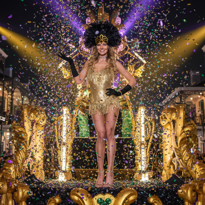 Gold Showgirl Costume - Mardi Gras Parade Background