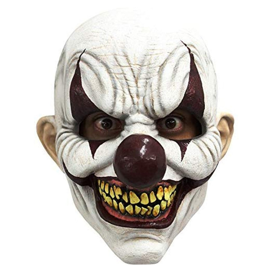 A close-up photo of an Adult Chomp Clown Mask with colorful design and exaggerated features, perfect for Halloween or costume parties
