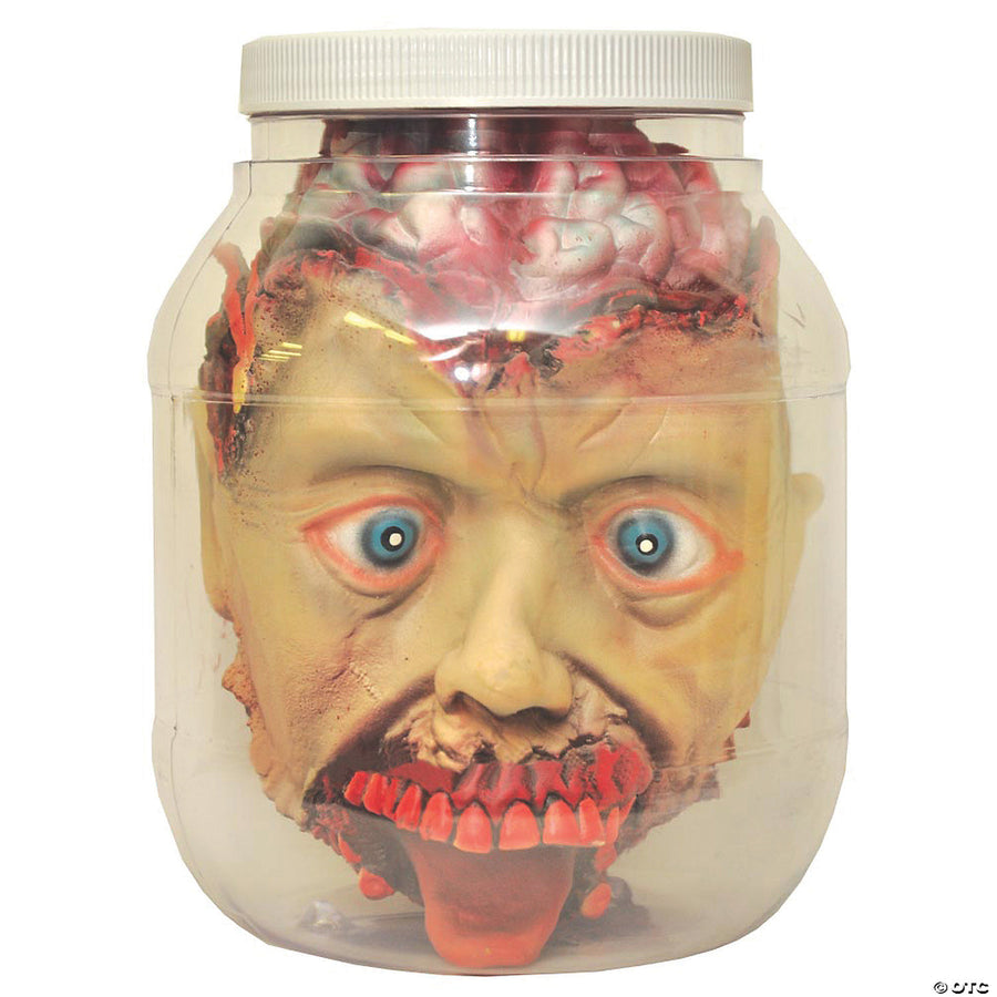 A creepy and realistic head in a jar Halloween decoration