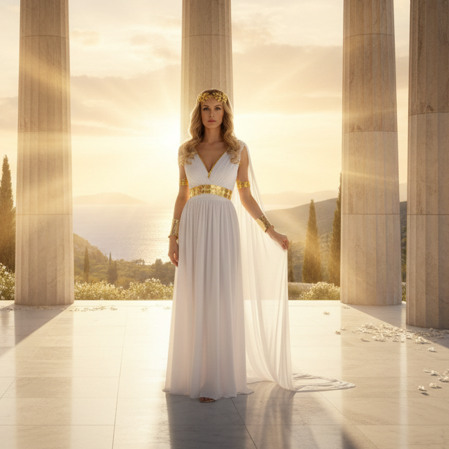 Helena Women's Costume - Ancient Greek Temple Background