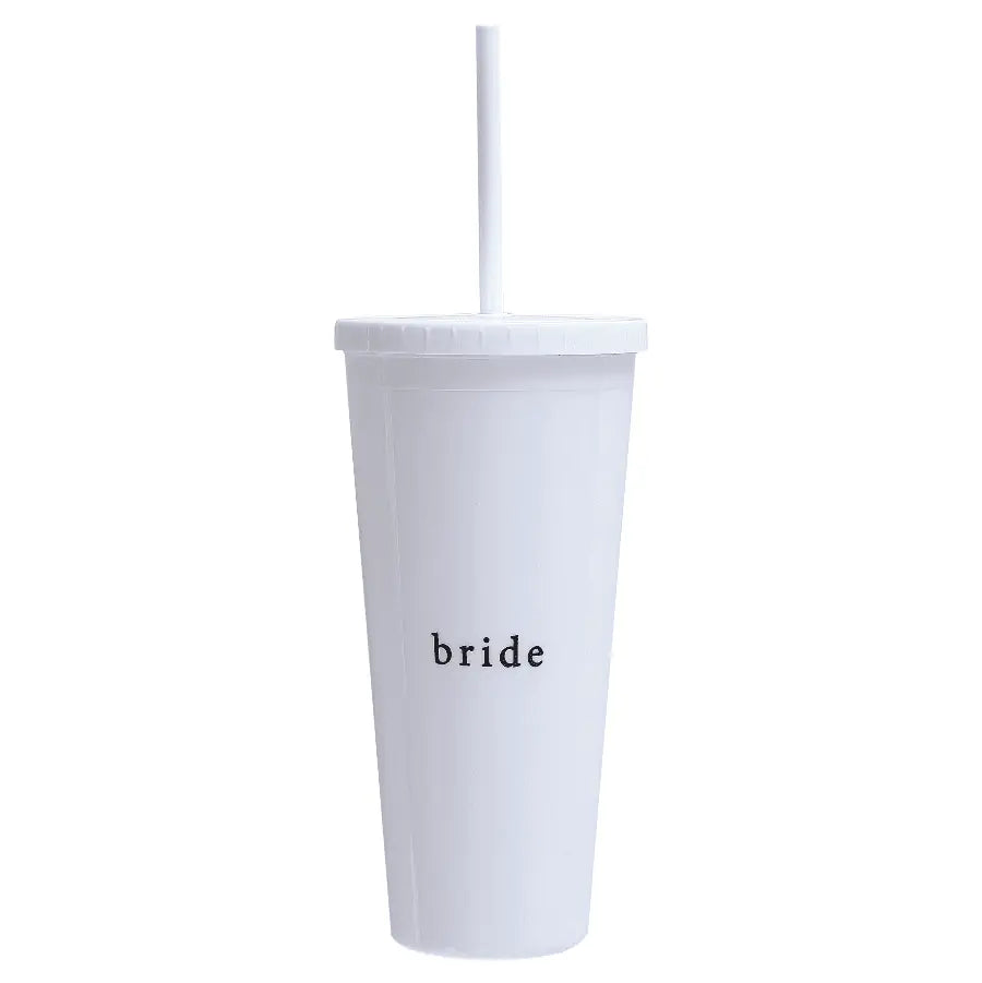 Reusable white plastic cup with the words 'Bride' in gold script and a matching gold straw, designed by Ginger Ray