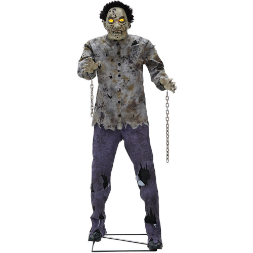 A creepy 6-ft tall lighted animatronic guard zombie with glowing eyes