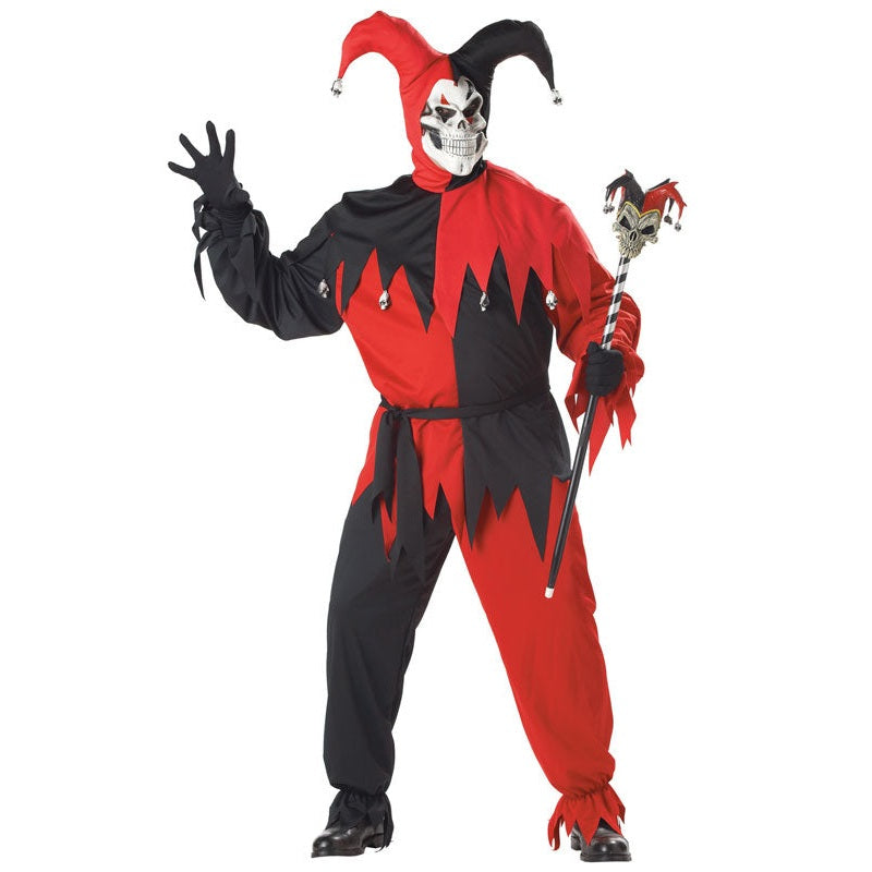 Alt text: A sinister and eerie Wicked Evil Jester Mens Costume in Plus Size, perfect for Halloween or themed parties, featuring a black and red jester outfit with scary mask and menacing accessories