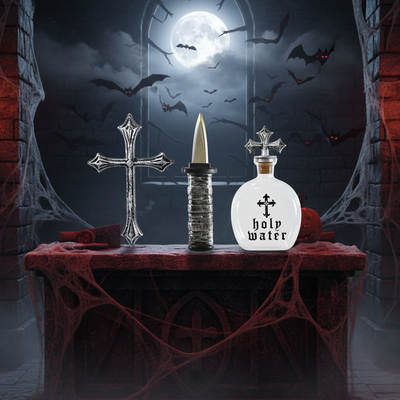 Vampire slayer kit with gothic cross, stake and holy water bottle on a stone altar in a dark gothic crypt