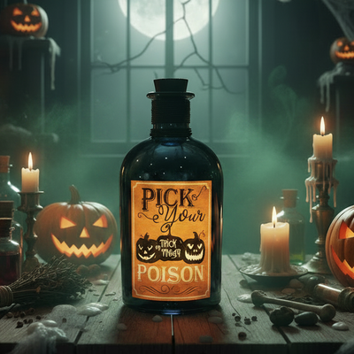 Pick Your Poison black venom bottle in a warmly lit Halloween witch's lair with glowing pumpkins and candles