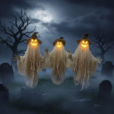 Three glowing ghost figures with witch hats and jack-o'-lantern faces rising from a misty graveyard at night