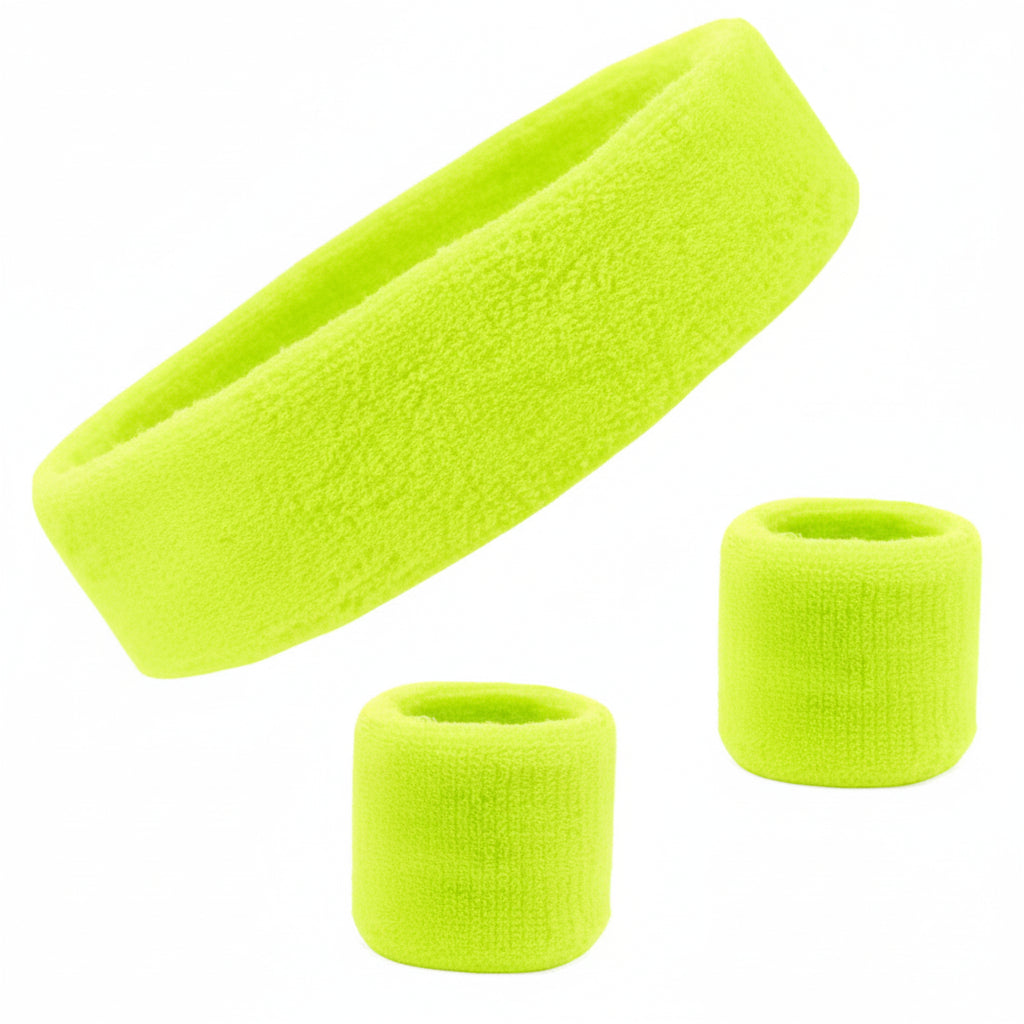 Three bright neon yellow athletic wristbands and a matching headband on a plain white background.