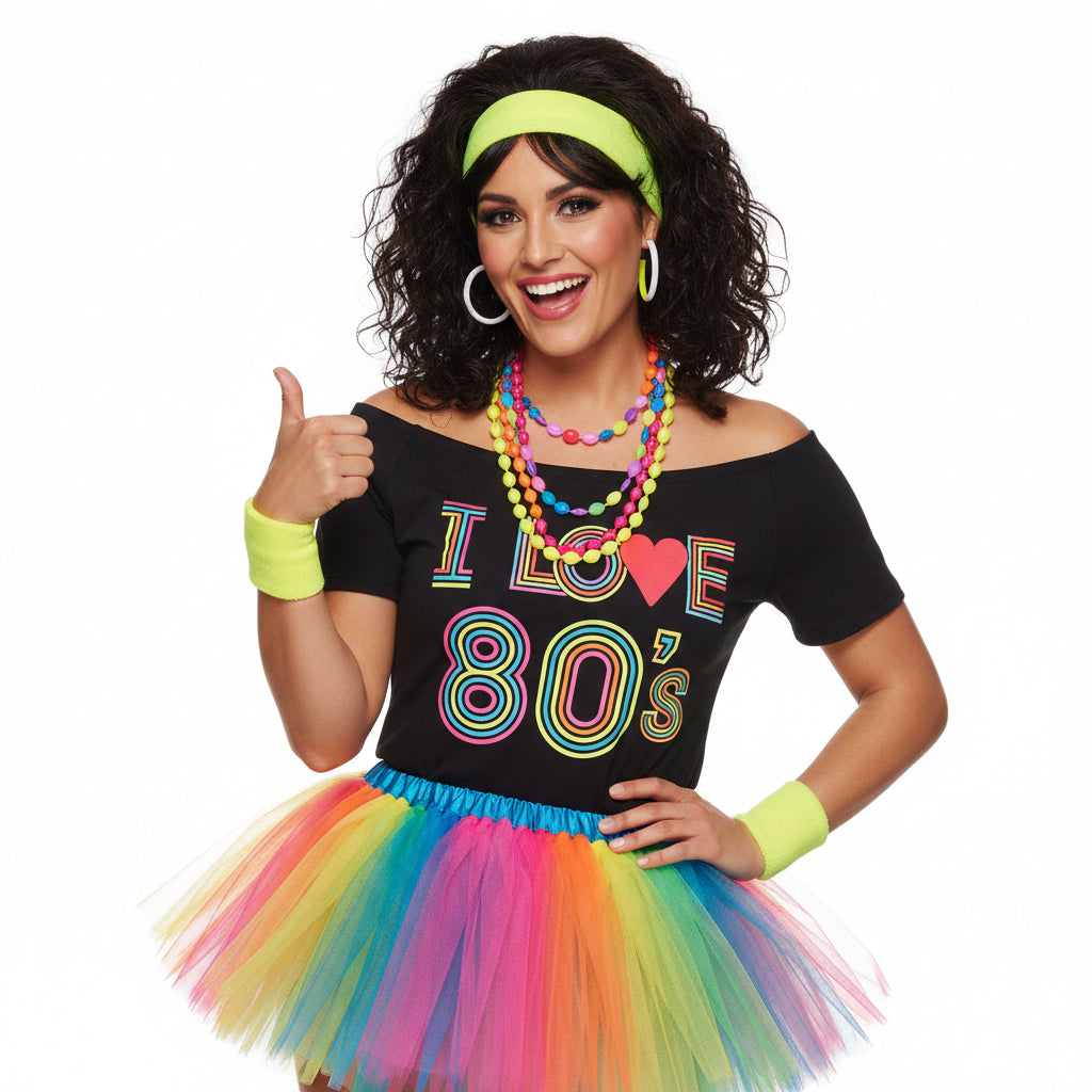 A woman modeling a 1980s retro costume consisting of a black t-shirt with 'I Love 1985' in colorful text, a yellow headband and wristbands, gold necklaces, and a rainbow tutu skirt.