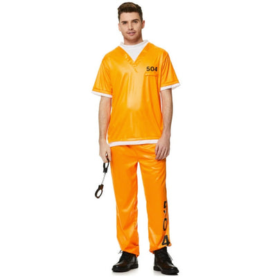Men's prison uniform costume with handcuffs and ball and chain accessories