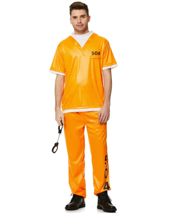 Men's prison uniform costume with handcuffs and ball and chain accessories