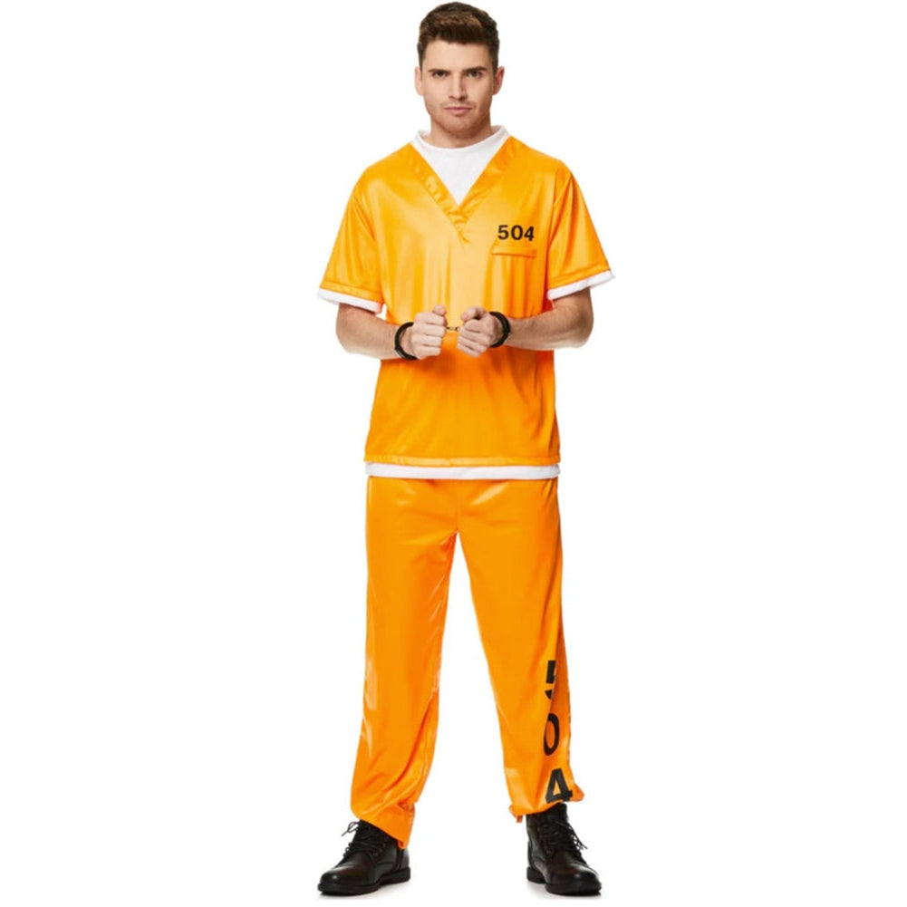 Inmate costume featuring black and white striped shirt, pants, and hat