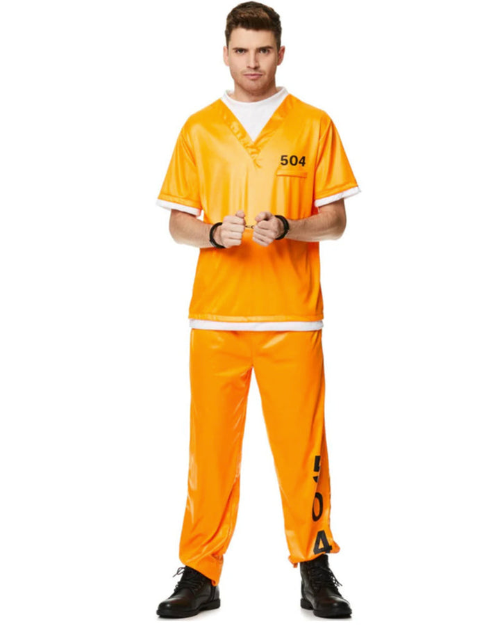 Inmate costume featuring black and white striped shirt, pants, and hat