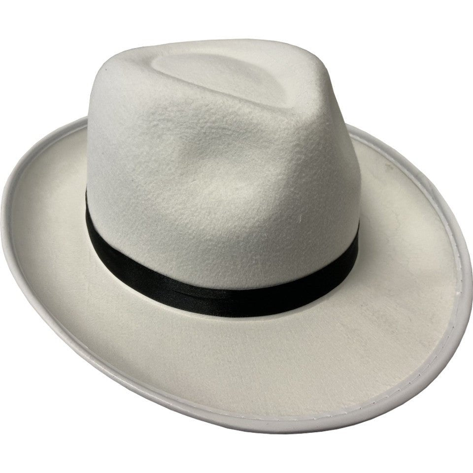 Deluxe White Fedora Hat with Wide Brim and Black Ribbon