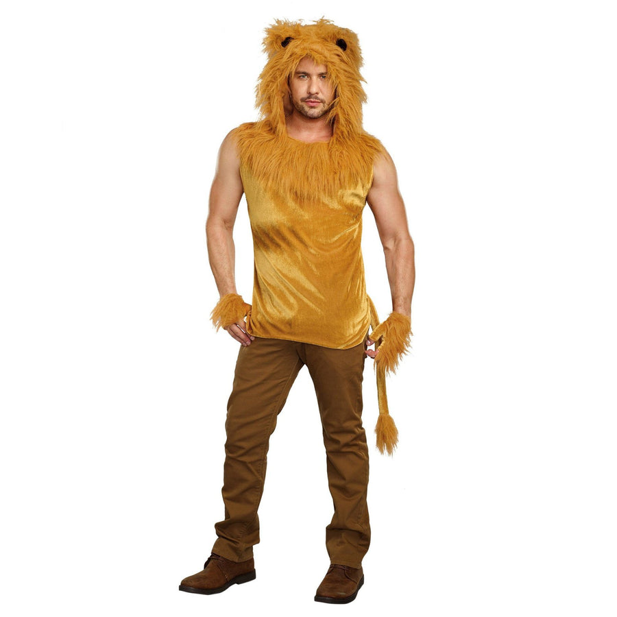 Man wearing King of the Jungle Mens Costume with lion mane and animal print tunic, perfect for Halloween or themed parties