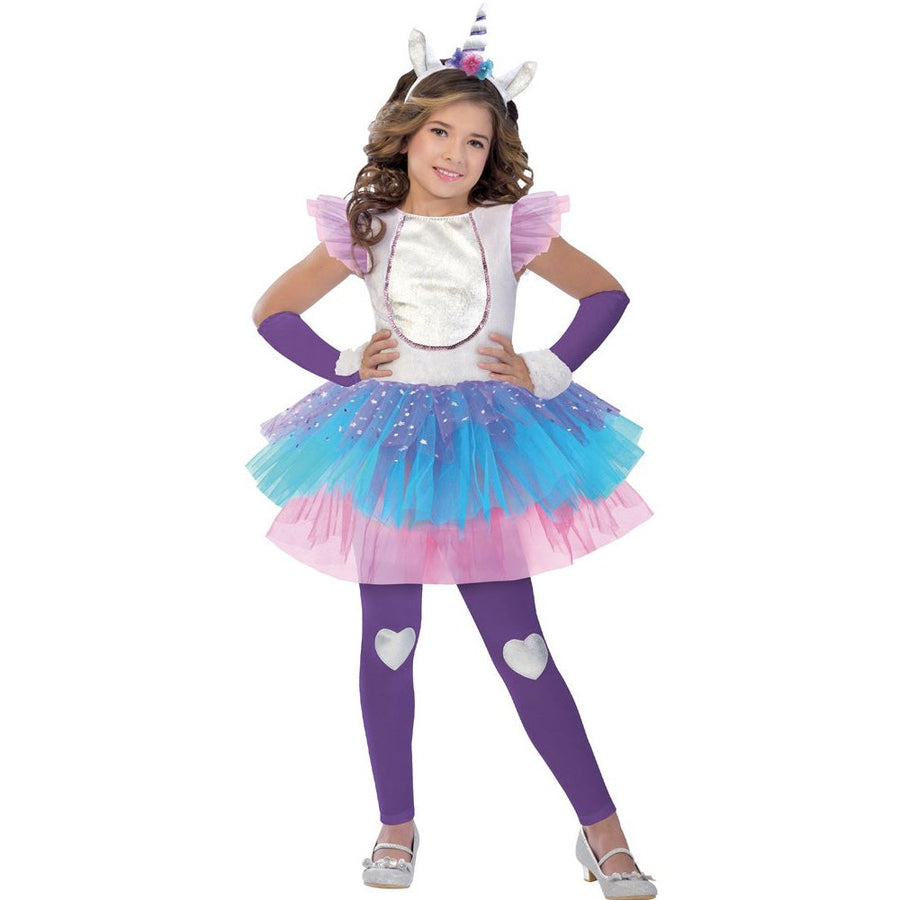 Adorable pink and white Magical Unicorn Girls Costume with sparkling horn and rainbow tutu skirt for imaginative play and Halloween dress-up