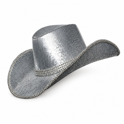 Metallic silver cowboy hat with rhinestone trim on a white background