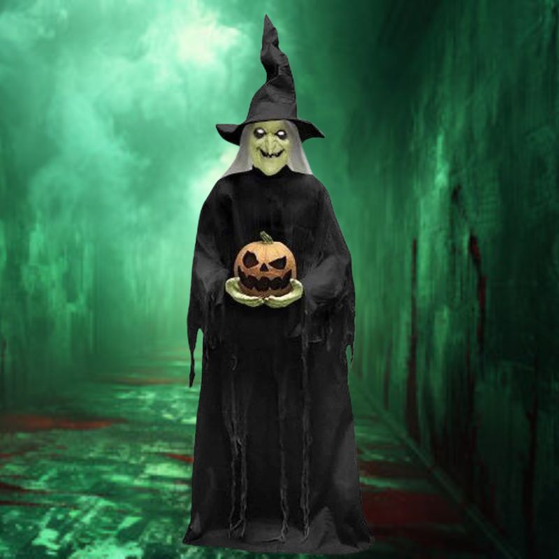 An eerie 7' Witchy Witch Animated Prop with glowing eyes and moving arms, perfect for Halloween decorations