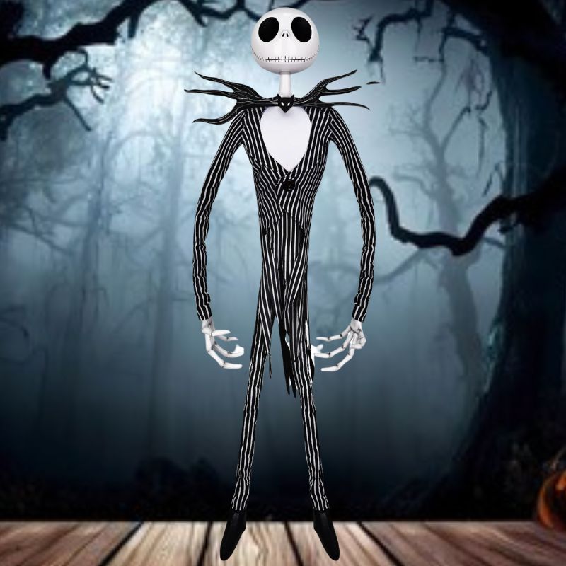 Life-sized Jack Skellington animatronic with poseable arms and spooky sound effects