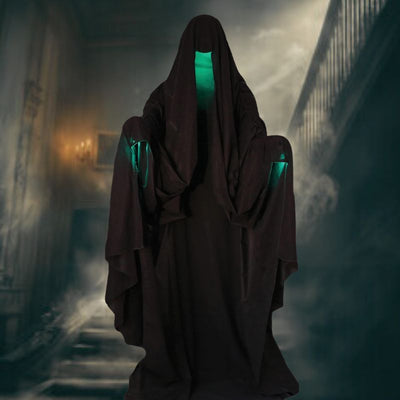 A lifelike 68 Hooded Phantom Animated Prop with glowing eyes