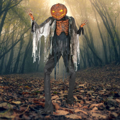 Life-size animated scarecrow prop with scorched appearance and realistic motion