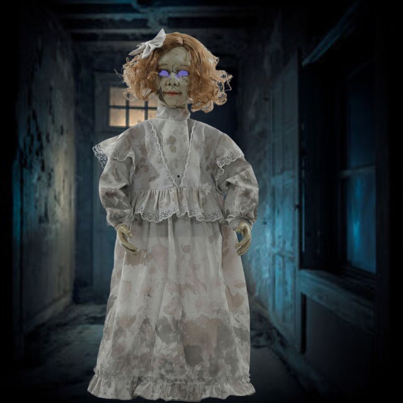 Alt text: Creepy and eerie animated cracked Victorian doll with moving eyes and a haunting expression, perfect for Halloween decoration or horror-themed events