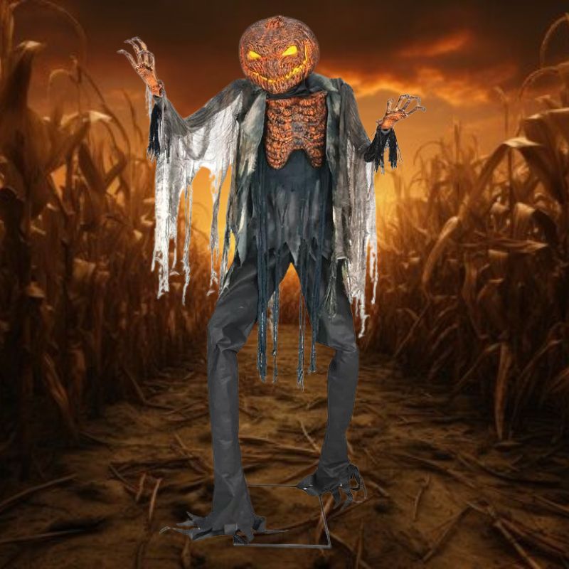 7' Scorched Scarecrow Animated Prop with glowing eyes and moving head