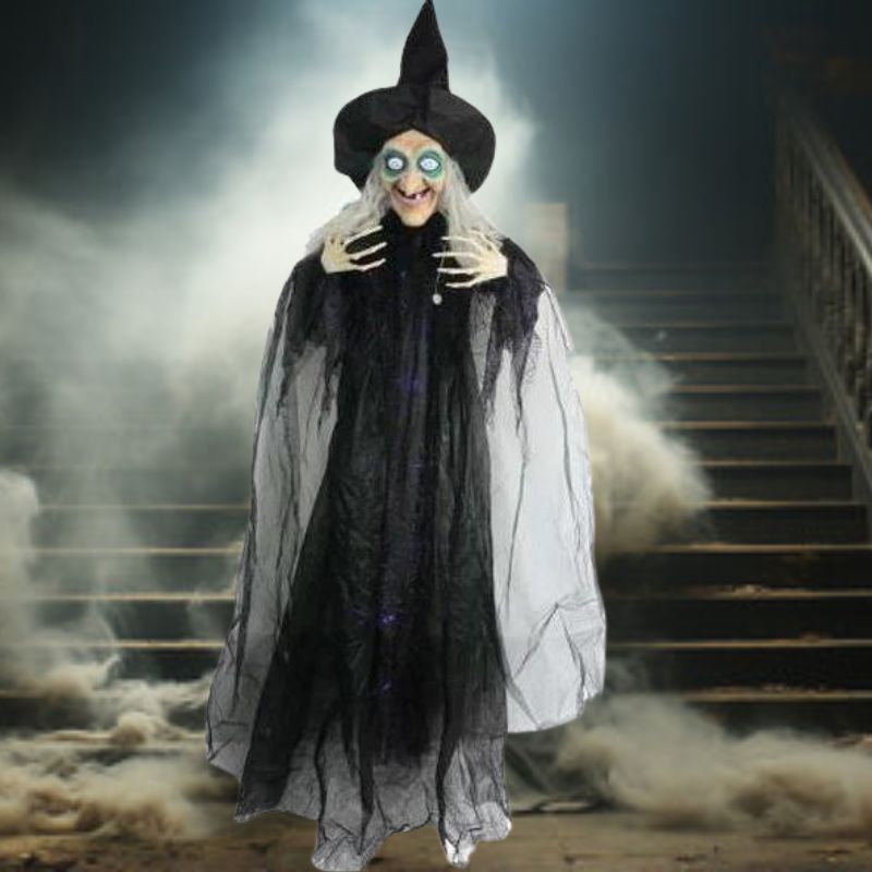 Alt text: Creepy and lifelike 72 Animated Hanging Grey Witch Halloween decoration