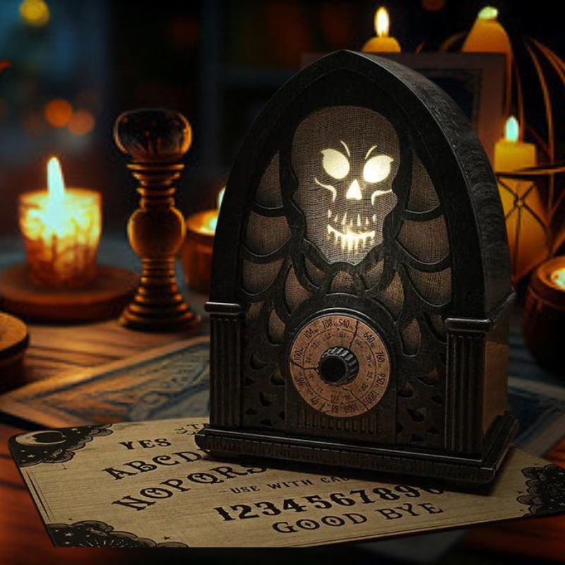 12-Inch Light-Up Black Haunted Radio with Spooky Design and LED Lights
