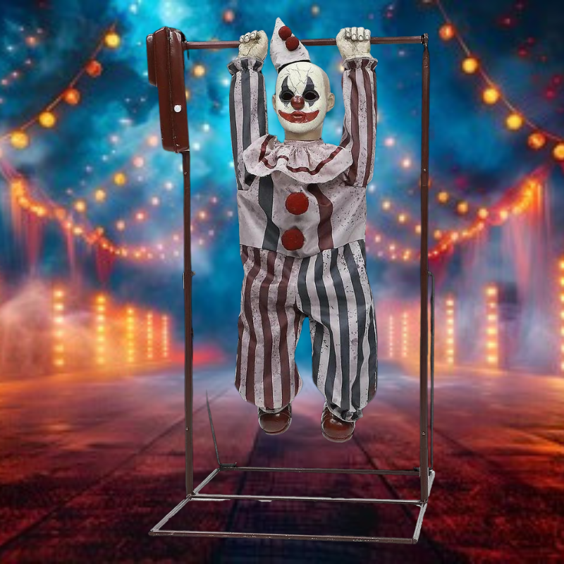 An animated prop of a tumbling clown doll with colorful attire