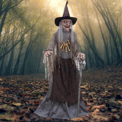 Animated Witch Prop With Servo Motor in Black and Purple Halloween Costume