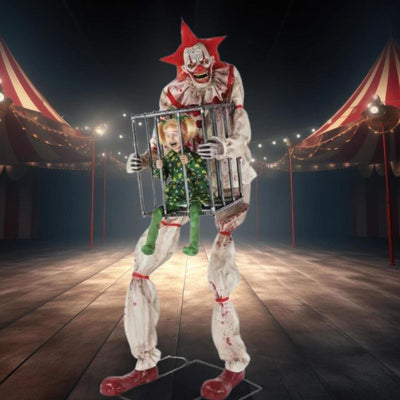 Creepy and lifelike Cagey the Clown puppet with a scared little girl