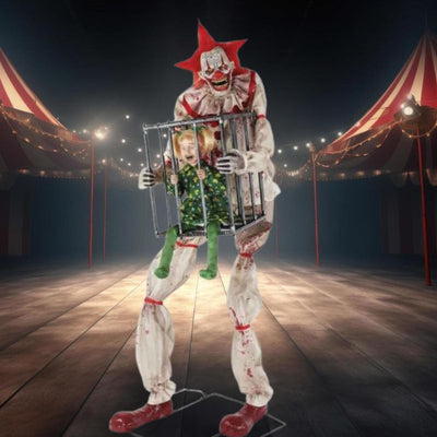 Colorful and spooky Animated Cagey The Clown holding hands with a frightened girl