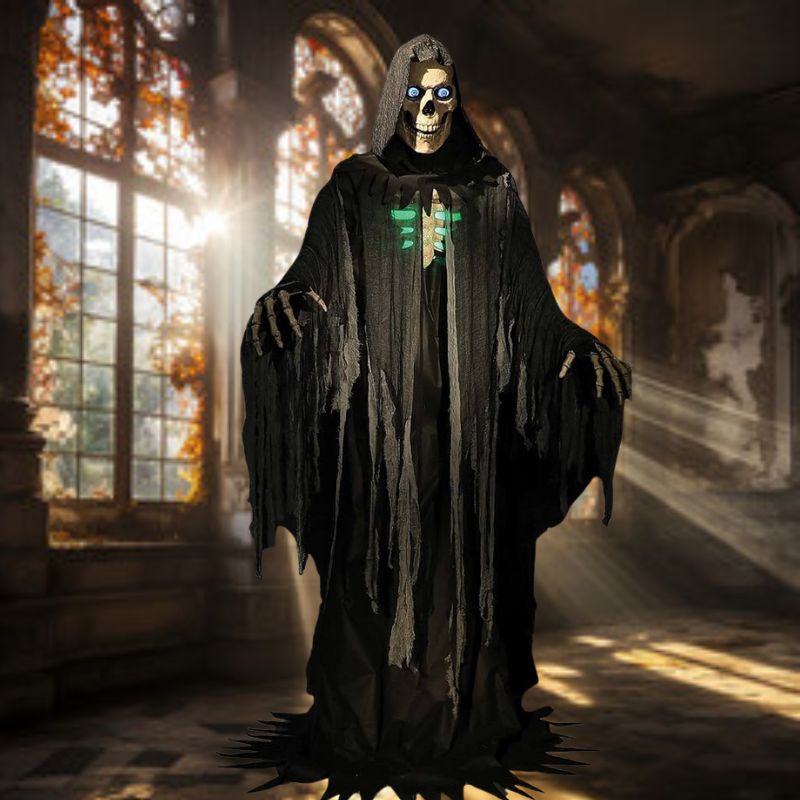 10' Towering Reaper Animated Prop, a scary Halloween decoration with moving features and sound effects