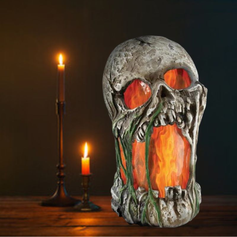 Animated Halloween prop of a 12-inch flaming rotted skull with realistic details