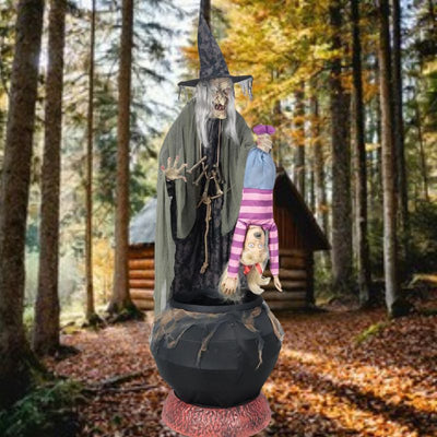 Animated Stew Brew Witch with glowing eyes and bubbling cauldron, perfect for Halloween decor (Without Fog Machine)