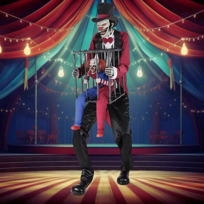 A creepy and eerie photo of a rotten ringmaster with a menacing clown