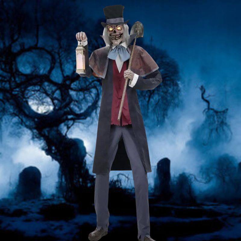 An eerie and lifelike animated graveyard host standing among tombstones