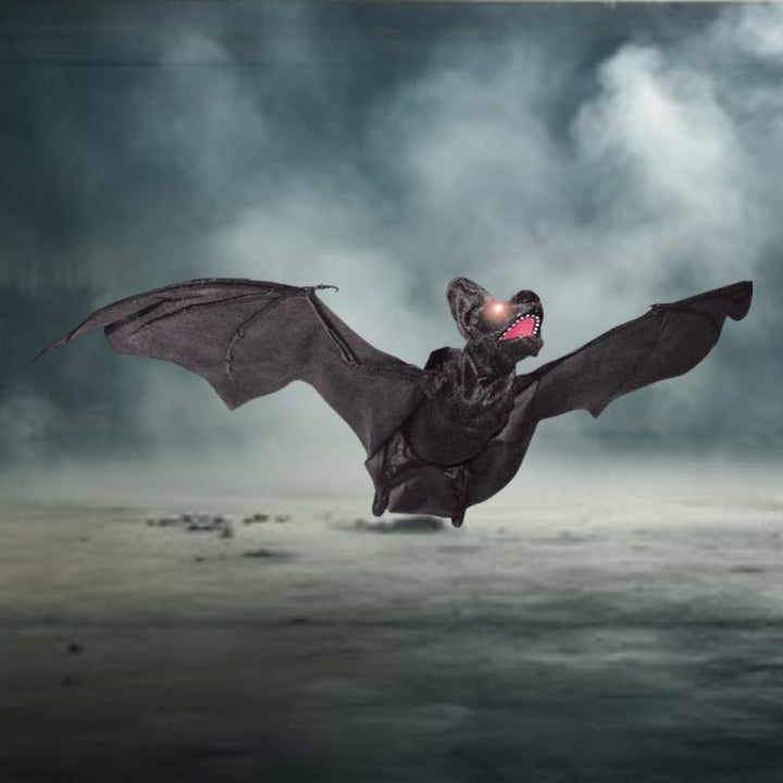 An animated flying bat decoration with 35-inch wingspan for Halloween