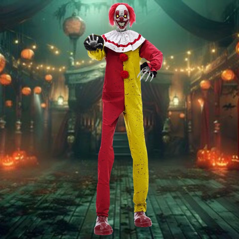 Creepy 7-foot Pesky The Clown Animated Halloween Prop with glowing eyes