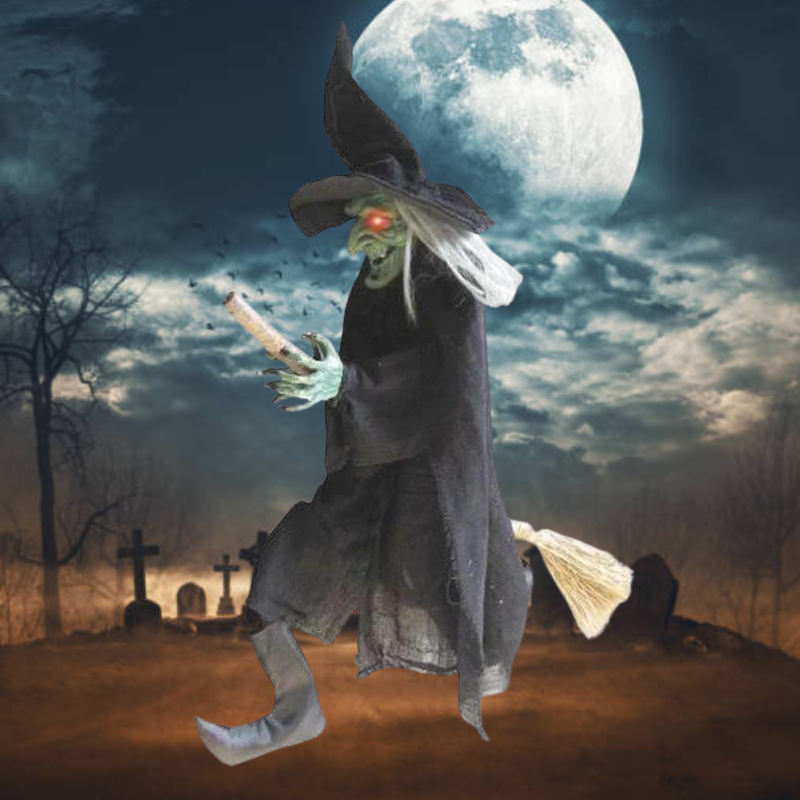 Witch flying on a broomstick under the full moon at night