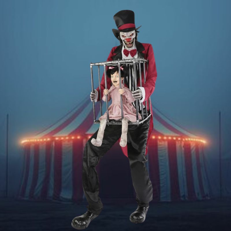Spooky and eerie rotten ringmaster standing next to a creepy kid in a cage