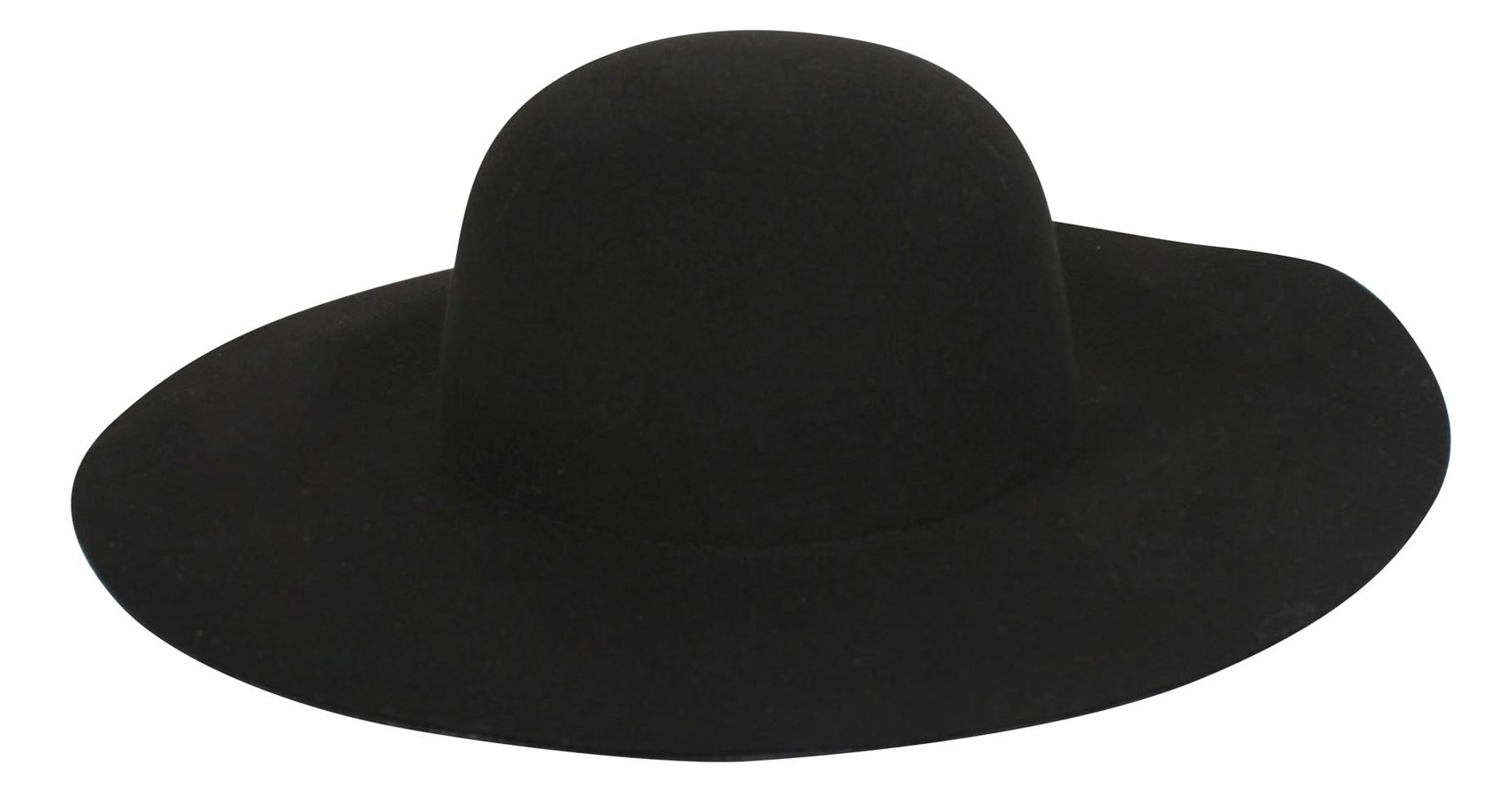 A black wide-brimmed felt hat with a rounded crown, shown from a side profile against a plain white background.
