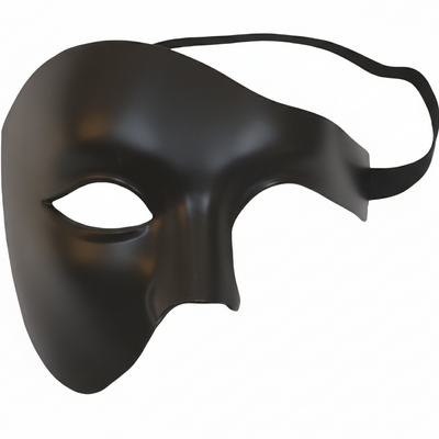 A matte black masquerade mask with an eye cutout and a thin black elastic strap, shown against a plain white background.