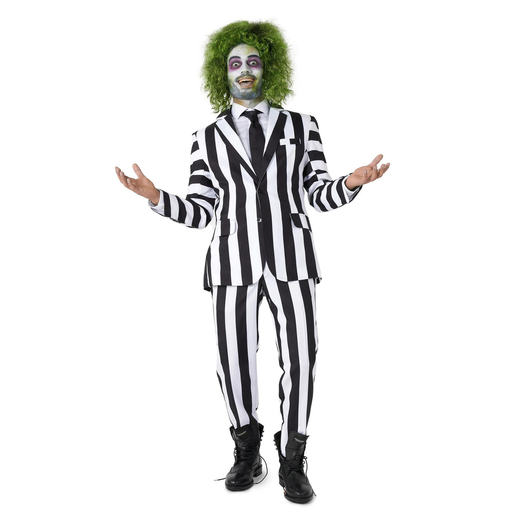 Beetlejuice White Stripes Men Costume featuring iconic black and white striped suit, perfect for Halloween or themed parties