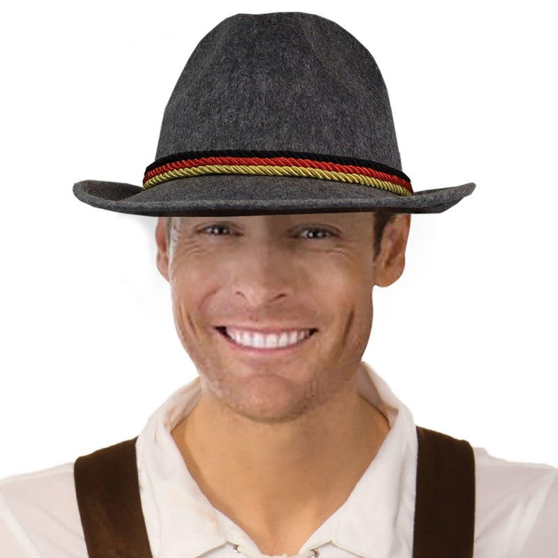 Oktoberfest grey hat with traditional Bavarian feather and intricate braided trim