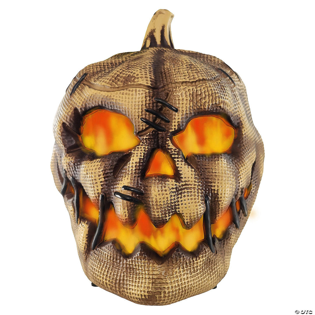 Realistic 10-inch Animated Flaming Burlap Pumpkin with Flickering LED Lights and Spooky Design