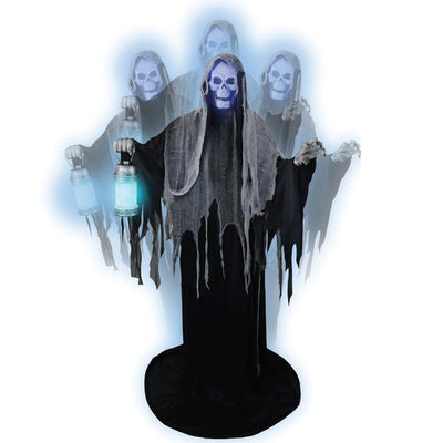 Spooky and eerie animated ghost reaper with scythe and misty surroundings