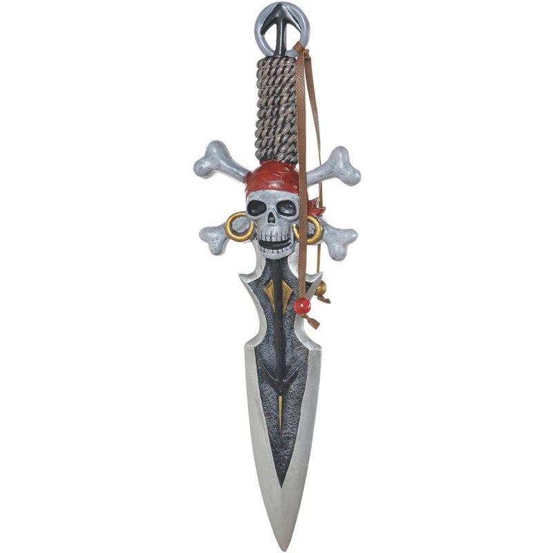 A detailed antique replica pirate dagger with a weathered handle and intricate detailing on the blade
