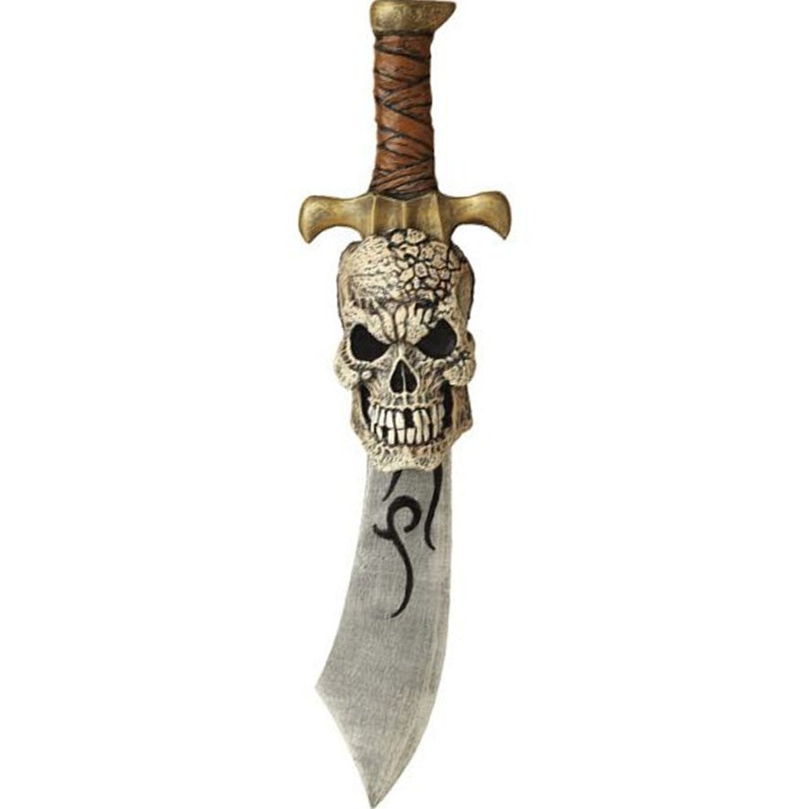 An antique-looking pirate sword with a skull-shaped sheath and intricate details
