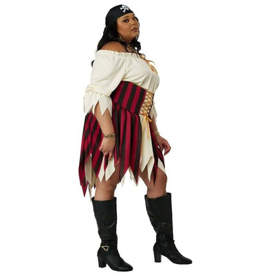Sultry Sea Pirate Adult Plus Women's Costume – three-quarter view showing cream jagged-trim blouse, red and black striped skirt, and skull bandana headband